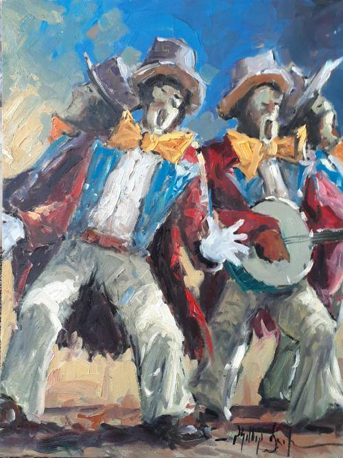 STUNNING PHILLIP BRITZ  61 X 46 CM OIL ON CANVAS LAID DOWN ON BOARD CAPE MINSTRAL CARNIVAL