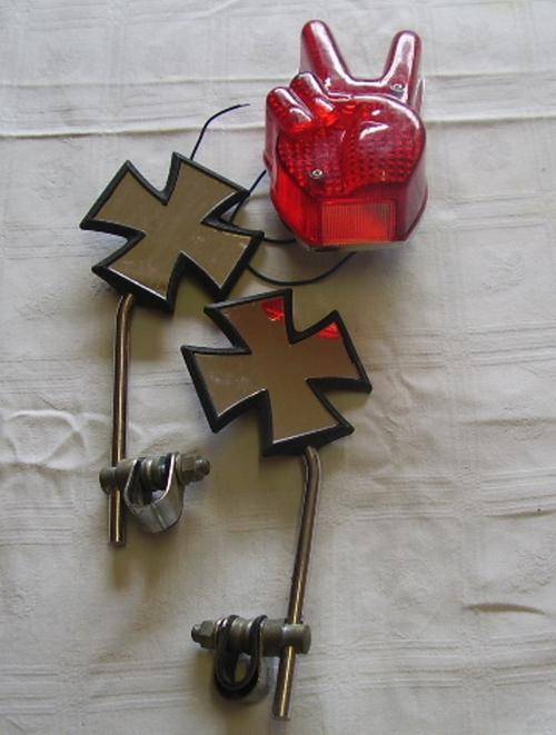 OLD PEACE FINGERS TAIL LIGHT AND MALTESE CROSS REAR VIEW MIRRORS
