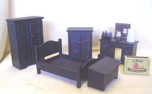 VINTAGE DOLL'S HOUSE FURNITURE - DARK BEDROOM SUITE