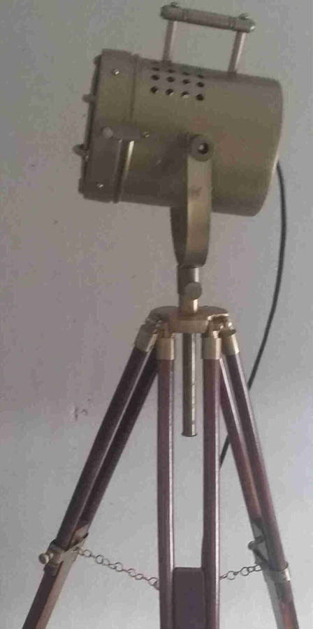 Wood and aluminium tripod lamp stand and feature lamp fitting