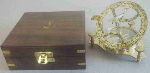 Sundial compass brass in solid rosewood and brass box