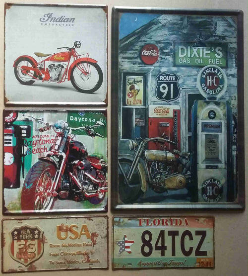 Package of 5 signs. Dixie's, Daytona, Indian, Florida license plate & USA Route 66 license plate