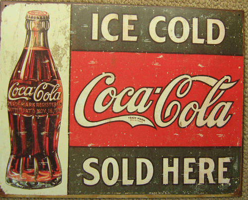 Coke vintage style metal sign. Ice cold Coca-Cola sold here