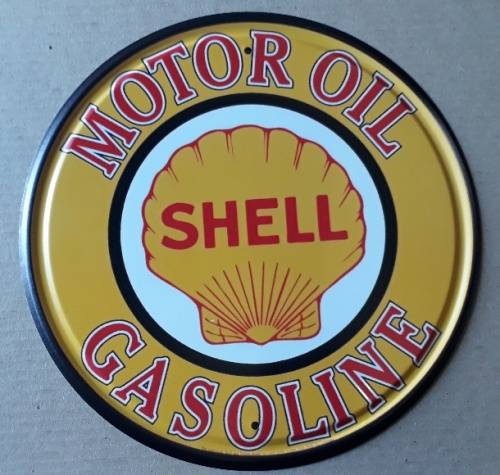 Shell gasoline motor oil garage metal sign.