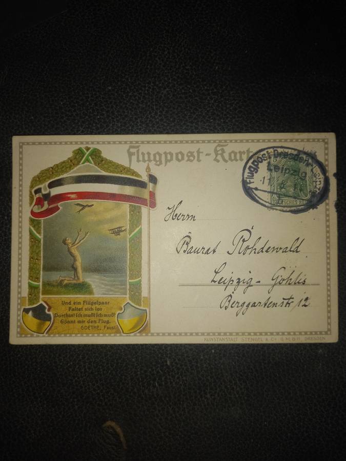 Vintage postcard 1914 Germany flugpost karte dresden to liepzig