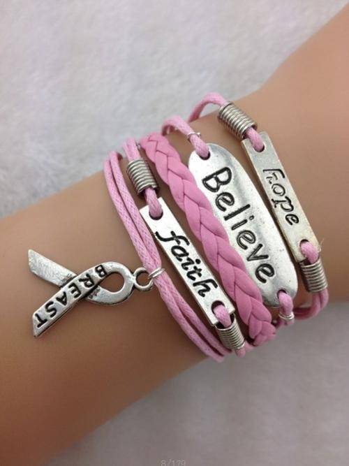 Bracelet-Love,faith,believe and Breast Cancer Awareness Ribbon Charm