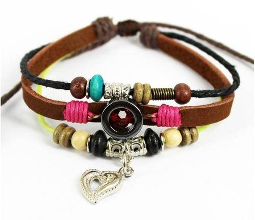 Bracelet- Braided Leather with alloy charm slide bracelet with Heart charm