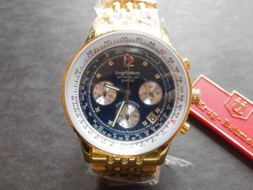 Gorgeous - NEW Krug-Baumen Men`s Air Traveller 42mm Watch ( 8 Diamonds & GOLD plated strap)