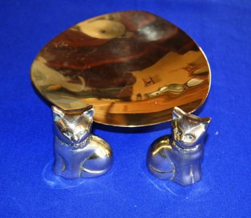 Brass Dish and Two Small Brass Cat Ornaments