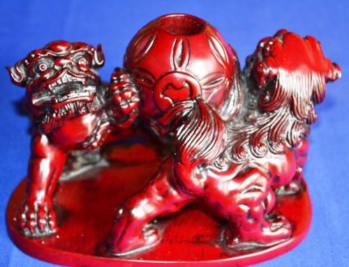 Red Resin Guardian Foo Dog Candle Holder