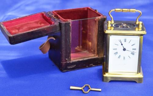Antique 19th Century Gilt Carriage Clock with Leather Case