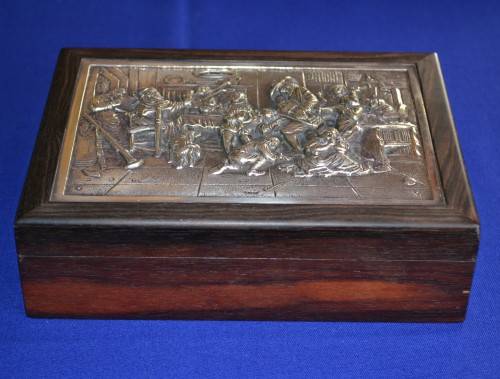 Vintage Wooden Jewelry / Trinket Box with Silver Tone Metal Inlay on Lid