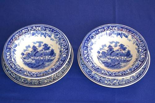 British Anchor Strafford Blue and White Pudding Bowls and Side Plates - 4 Pieces