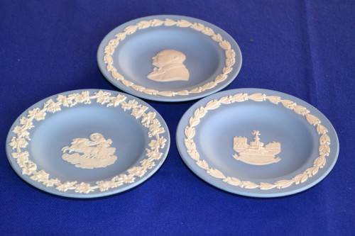 Wedgwood Jasperware White on Blue - Set of Three Small Round Pn Trays