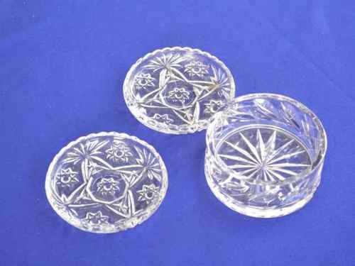Pressed Glass Pin Dishes x 2 and Cut Glass Open Trinket Bowl