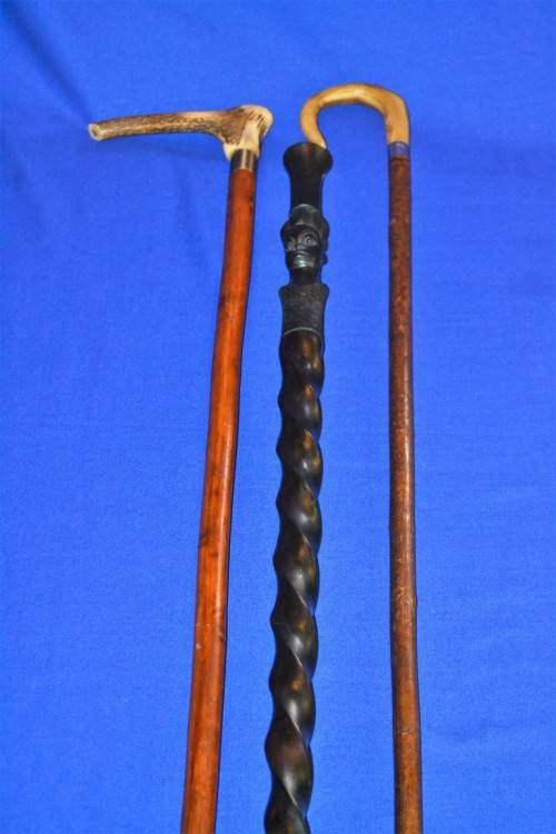 Vintage Walking Sticks x 3 - Ebony Barley Twist and Antler Handle