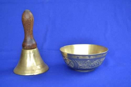 Brass Bell with Wooden Handle and /small Brass Bowl