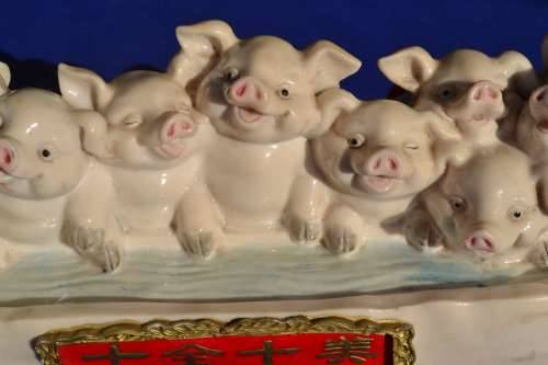 True Vintage Chinese Ornament - 10 Pigs at Water Trough