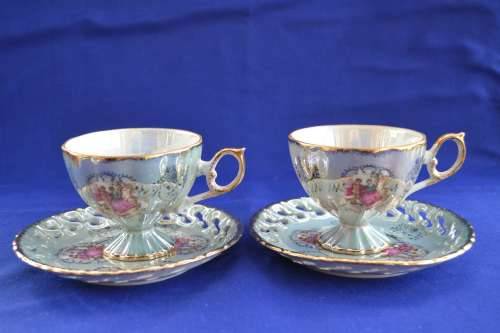 Regency Fine Bone China Lustreware Footed Tea Cup and Lattice Design Saucer - Two