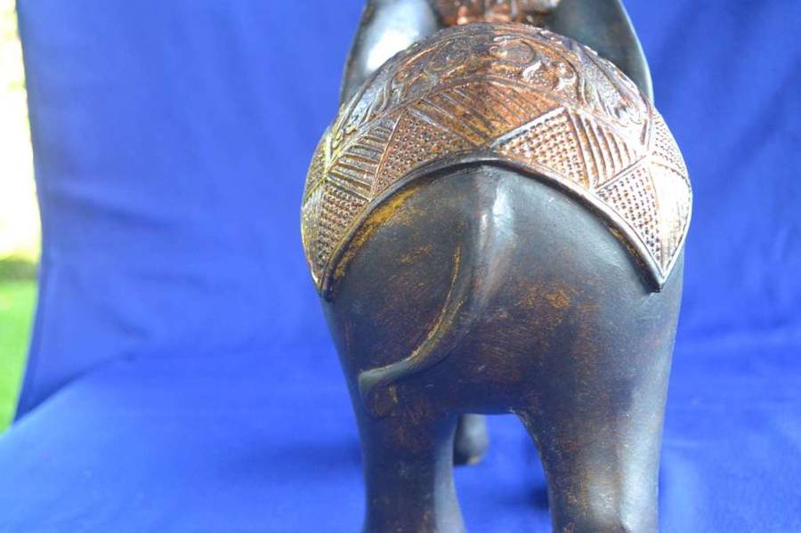 Large carved wooden Indian Elephant with Bronze Tone Cap and Coat