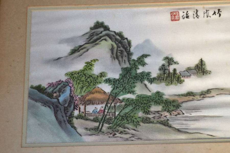 Pair of Vintage Chinese Paintings on Silk Framed behind Glass