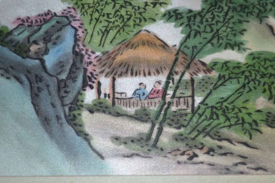 Pair of Vintage Chinese Paintings on Silk Framed behind Glass