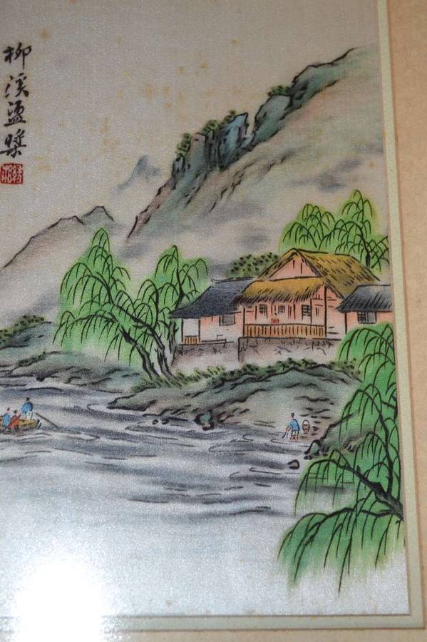 Pair of Vintage Chinese Paintings on Silk Framed behind Glass
