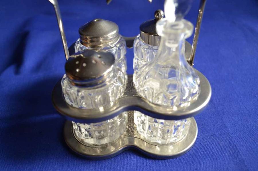 Vintage Cut Glass Cruet Set on Silver Plate Stand