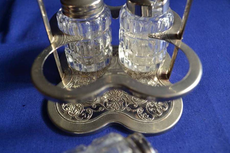 Vintage Cut Glass Cruet Set on Silver Plate Stand