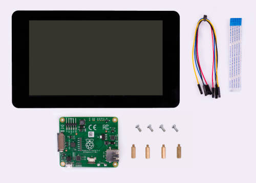 Raspberry Pi B3 with official 7" touch screen, power supply, camera module and protective Pi case.