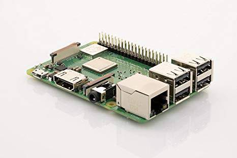 Raspberry Pi B3 with official 7" touch screen, power supply, camera module and protective Pi case.