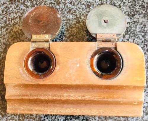VINTAGE WOODEN DOUBLE INKWELL