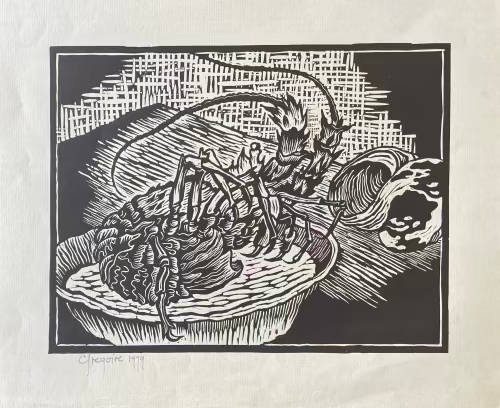 SIGNED!! LARGE GREGOIRE BOONZAIER BLACK AND WHITE LOBSTER LINOCUT SIGNED AND DATED 1979