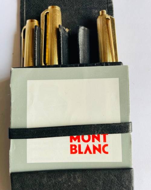 RARE! MONTBLANC 184 FOUNTAIN PEN WITH 18K GOLD NIB, LEVER BALLPOINT PEN & PENCIL IN LEATHER CASE