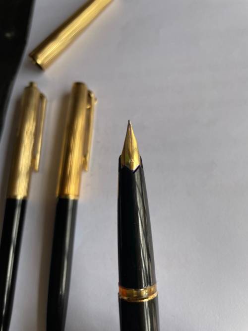 RARE! MONTBLANC 184 FOUNTAIN PEN WITH 18K GOLD NIB, LEVER BALLPOINT PEN & PENCIL IN LEATHER CASE