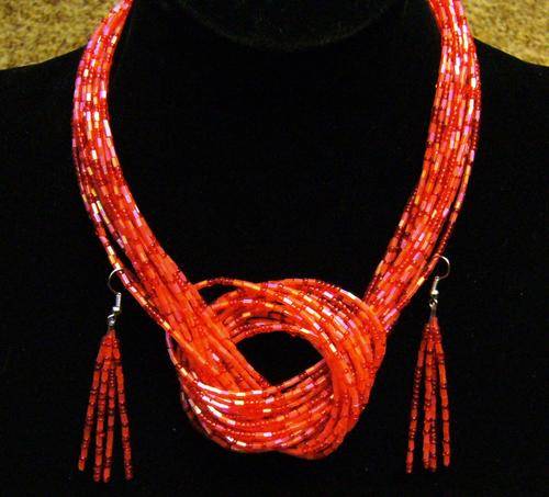 Red Beaded Necklace with Matching Earrings