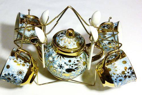 ELEGANT 10 PIECE GOLD AND BLUE PORCELAIN CHINESE TEA/COFFEE SET + FREE XMAS GIFT