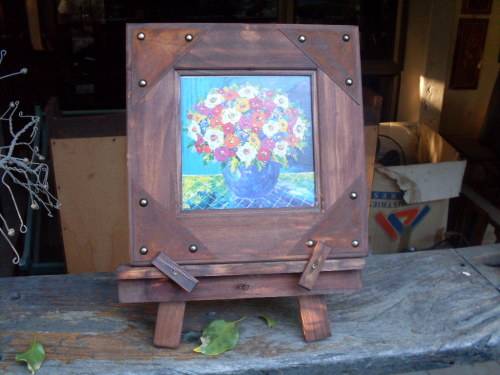 FAMOUS! ARTIST PORTCHIE TILE SIZE FLORAL PRINTON BOARD FRAMED ON A WOOD EASEL FRAME L