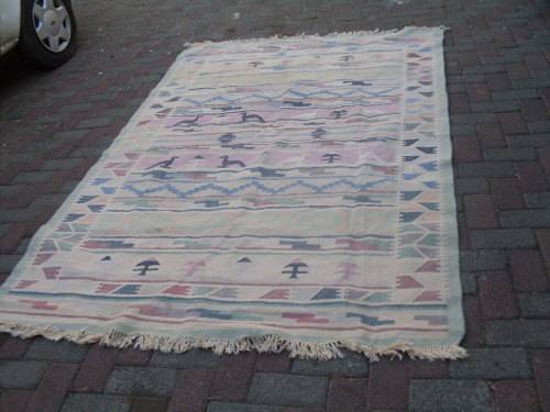 1980'S? LARGE ORIENTAL COTTON KILIM CARPET WITH PASTEL PALETTE OF COLOURS GEOMETRIC +++ BIRD MOTIF
