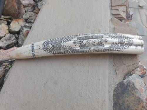 VERY INTERESTING UNUSUAL PIECE REPRODUCTION TYPE OF RESIN SCRIMSHAW TUSK. MARINER CONNECTION?