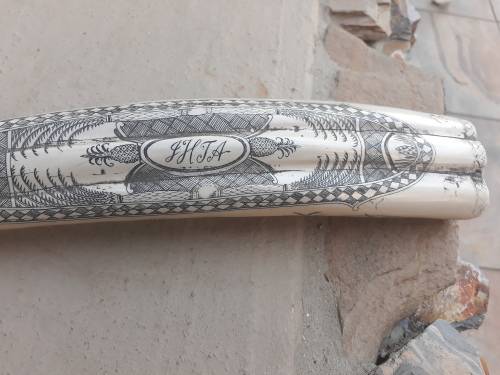 VERY INTERESTING UNUSUAL PIECE REPRODUCTION TYPE OF RESIN SCRIMSHAW TUSK. MARINER CONNECTION?