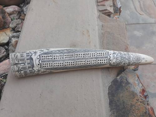 VERY INTERESTING UNUSUAL PIECE REPRODUCTION TYPE OF RESIN SCRIMSHAW TUSK. MARINER CONNECTION?
