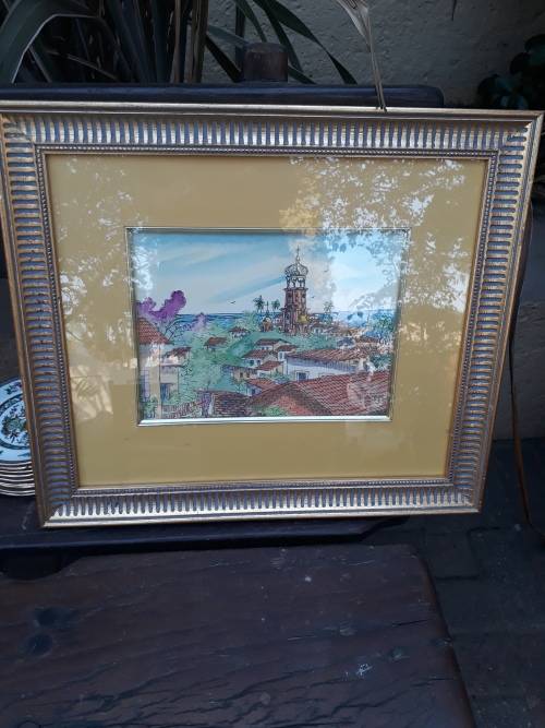 BEAUTIFULLY FRAMED ORIGINAL FRAMED INK? AND WATERCOLOUR PAINTING OF THE VILLAGE OF MONTALBAN SPAIN