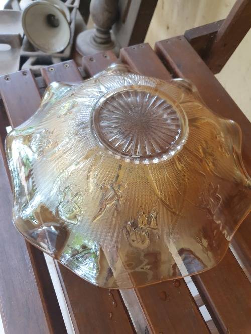 VINTAGE AMBER LUMINESCENT DEPRESSION GLASS LARGE BOWL FLORAL IRIS? DETAIL