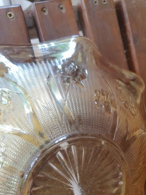 VINTAGE AMBER LUMINESCENT DEPRESSION GLASS LARGE BOWL FLORAL IRIS? DETAIL