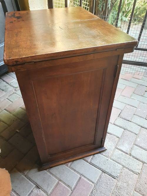VINTAGE WOOD ETC SEWING CABINET WITH SOME FRONTAL RELIEF DETAIL