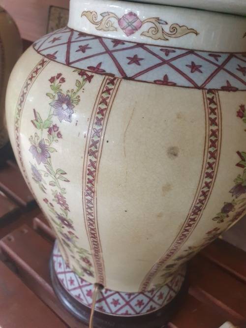 A PAIR OF LARGE ORIENTAL HAND PAINTED GINGER JAR LAMPS ON WOOD BASES FLORAL PLUS  DESIGN