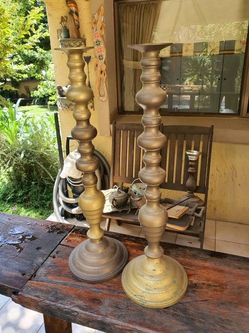 PAIR TALL BRASS CANDLE STICK HOLDERS WITH DETAIL COULD BE CONVERTED TO LAMP BASES?