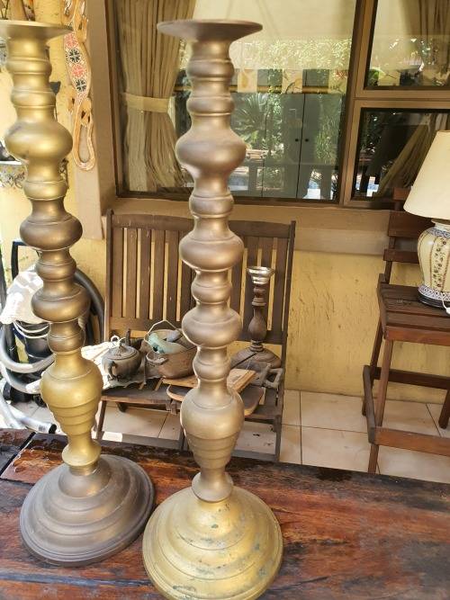 PAIR TALL BRASS CANDLE STICK HOLDERS WITH DETAIL COULD BE CONVERTED TO LAMP BASES?