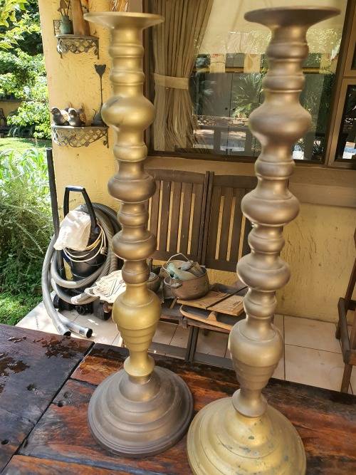 PAIR TALL BRASS CANDLE STICK HOLDERS WITH DETAIL COULD BE CONVERTED TO LAMP BASES?
